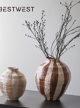 Bestwest侘俶新中式复古条纹大肚陶瓷花瓶花器酒店民宿会所样板间