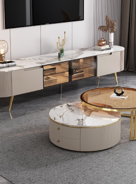 轻奢岩板茶几圆形钢化玻璃现代简约客厅小户型茶几电视柜组合套装
