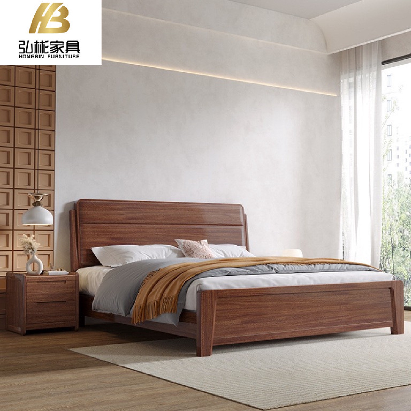 现代简约胡桃木全实木1.8米双人床主卧婚床北欧收纳床1.5米床实木