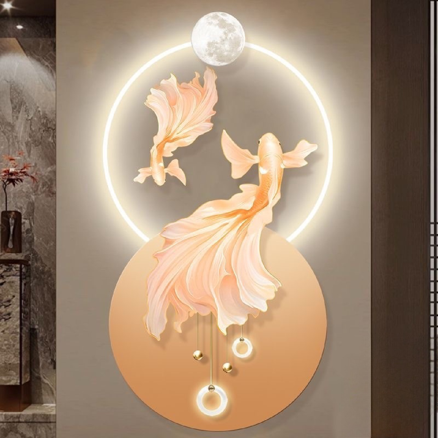 现代轻奢入户锦鲤玄关装饰画高级感过道走廊尽头挂画背景墙壁灯画