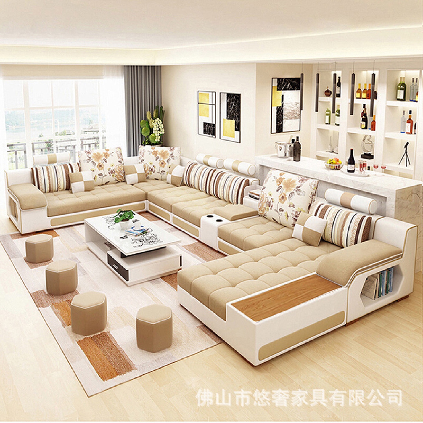 布艺沙发现代简约客厅组合大户型棉麻贵妃可拆洗农村整装转角沙发