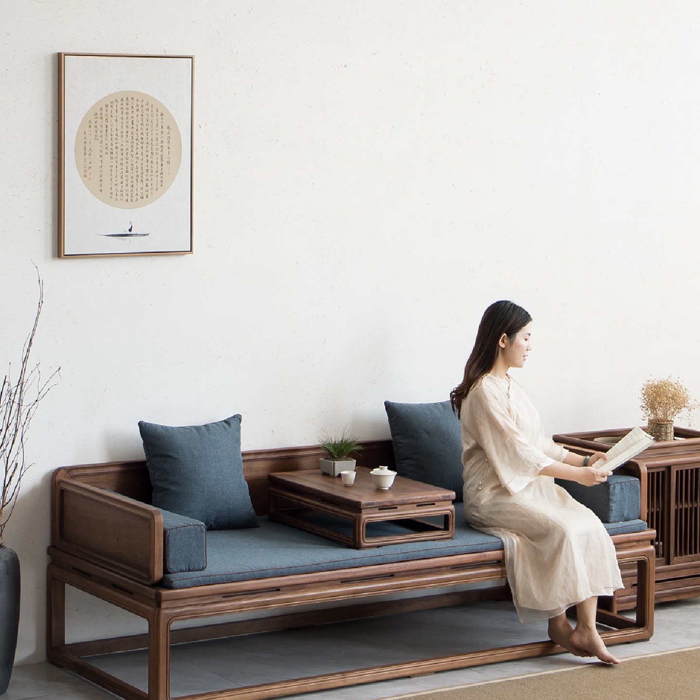 老榆木实木罗汉床新中式禅意罗汉榻黑胡桃木沙发床彷古贵妃榻家具