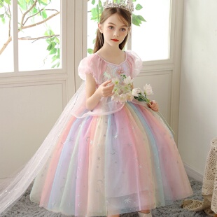 洋氣公主裙小女孩超仙時尚 彩虹裙兒童高端禮服蓬蓬裙 2025新款 夏季