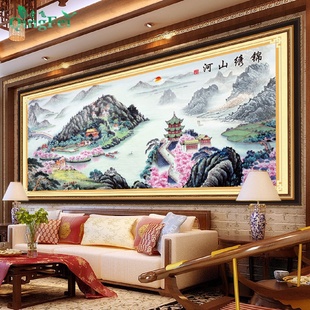十字绣客厅大幅山水风景画手工线绣 青飞精准印布锦绣山河壮丽版