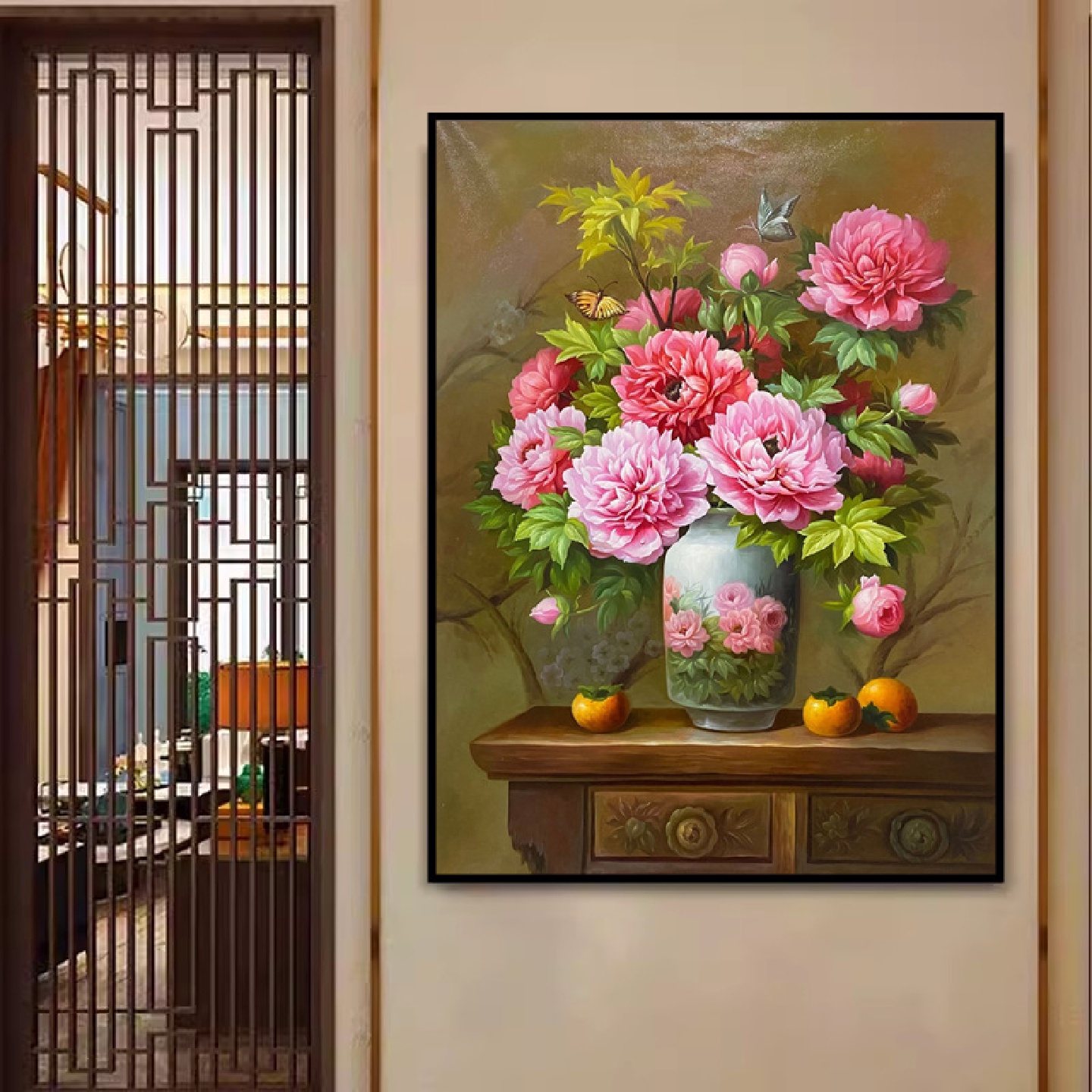 手工欧式客厅油画沙发背景墙横版富贵牡丹花卉餐厅装饰挂画图片
