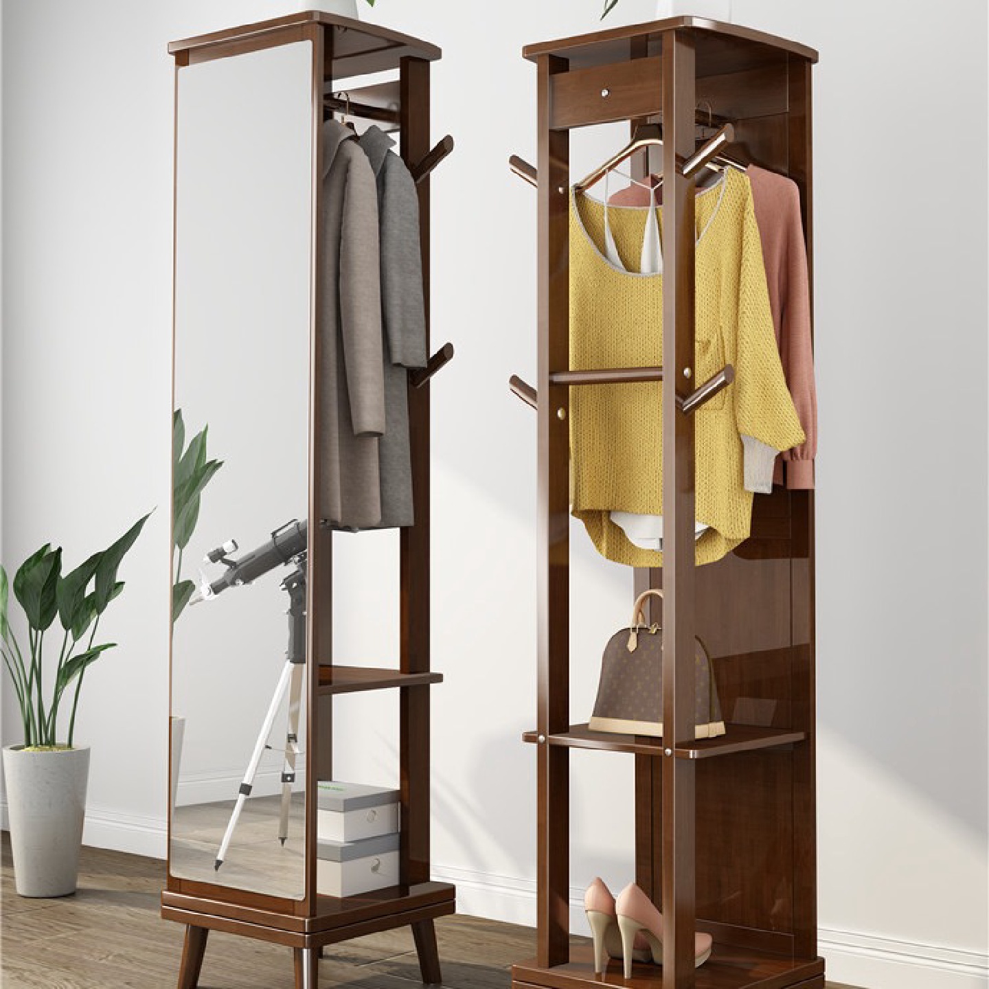 实木全身穿衣落地镜子可旋转女生卧室服装店换衣挂衣架一体试衣镜