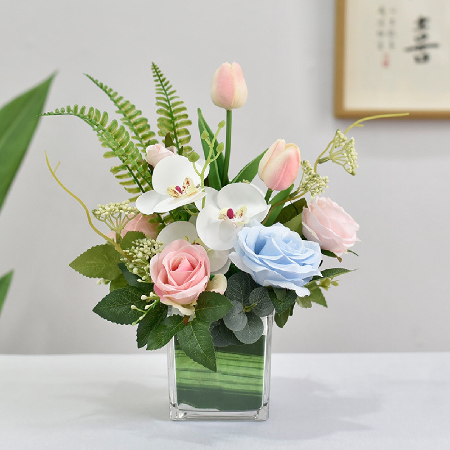 玻璃方杯餐桌花摆花仿真花摆件客厅酒店饭厅商务会议桌面装饰花艺