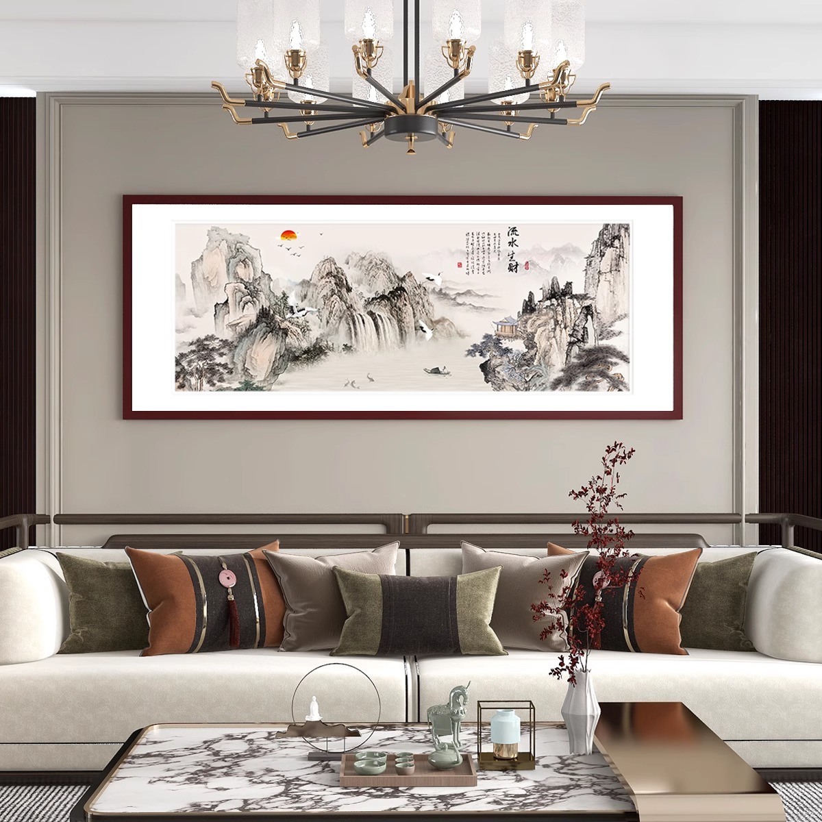 靠山图流水生财山水风景画客厅挂画茶室茶台装饰画办公室沙发壁画