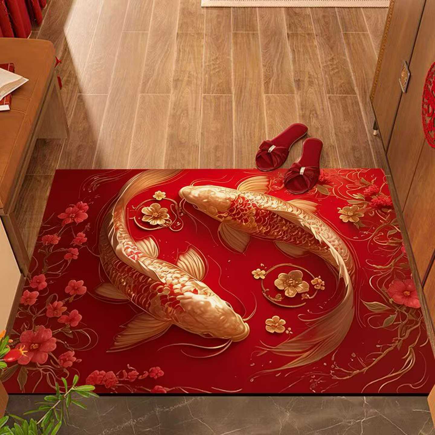 红色喜庆入户门地垫进门脚垫耐脏易打理玄关地毯厚水晶绒吸水门垫