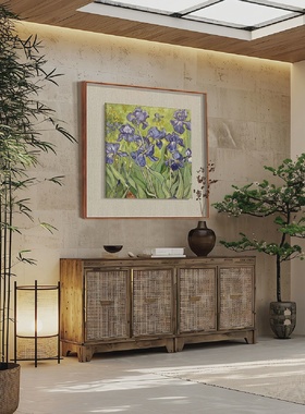鸢尾花纯手绘油画玄关过道走廊装饰画新中式紫色花朵客厅餐厅挂画