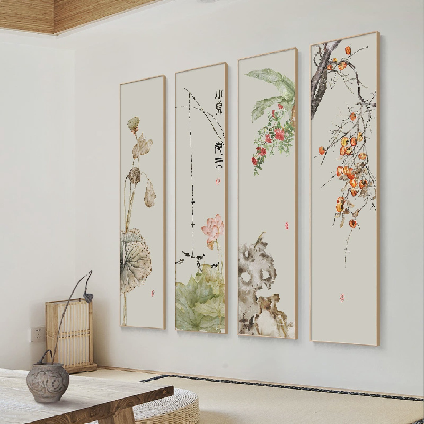 新中式玄关装饰画日式禅意茶室挂画过道走廊民宿别墅客厅四联壁画