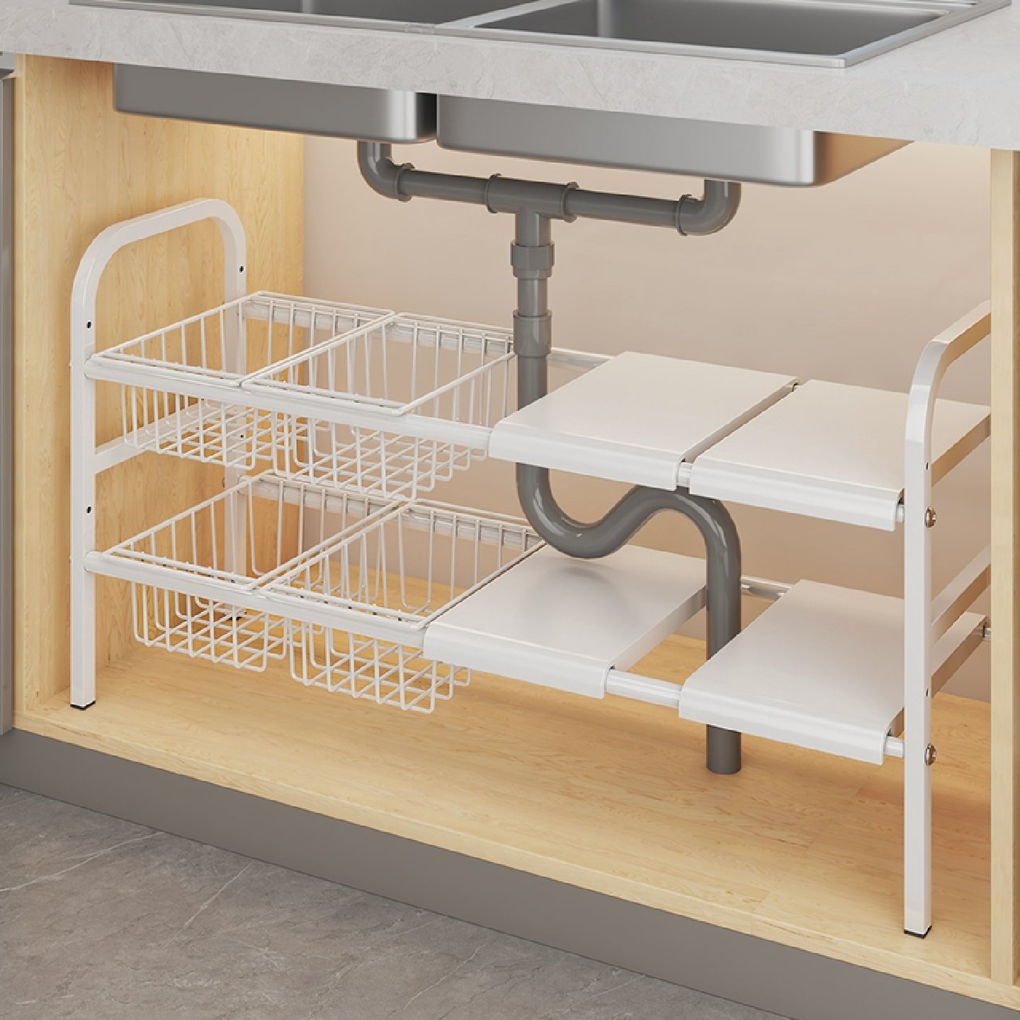 可伸缩厨房下水槽置物架橱柜内放锅架家用多层柜子分层锅具收纳架