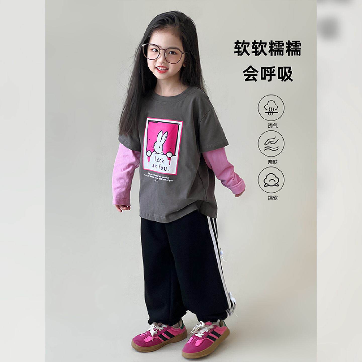 朵妈定制女童长袖T恤春秋季2026新款春装小女孩假两件纯棉打底衫
