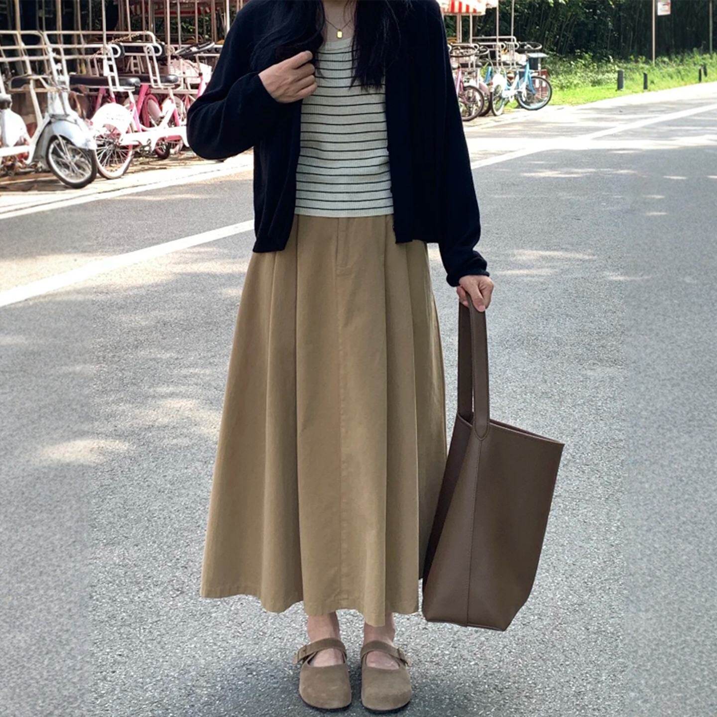 卡其色半身裙女微胖穿搭胖妹妹mm宽松显瘦遮胯工装a字休闲中长裙