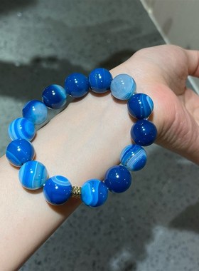 14mm蓝纹玛瑙玉髓手链高级感蓝色串珠手串单圈简约新款水晶手链