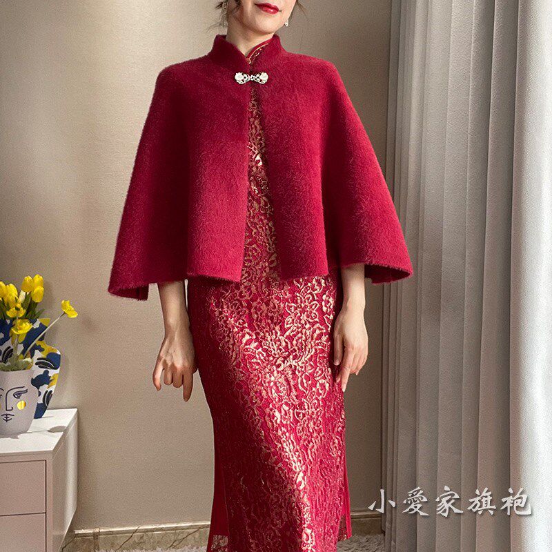 冬季斗篷搭配旗袍披肩婚宴妈妈款酒红色毛毛保暖披风中老年短款女