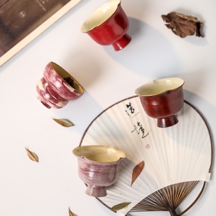 景德镇手工陶瓷正红花口故宫红薄胎粗陶杯品茗杯主人杯鎏银高足杯