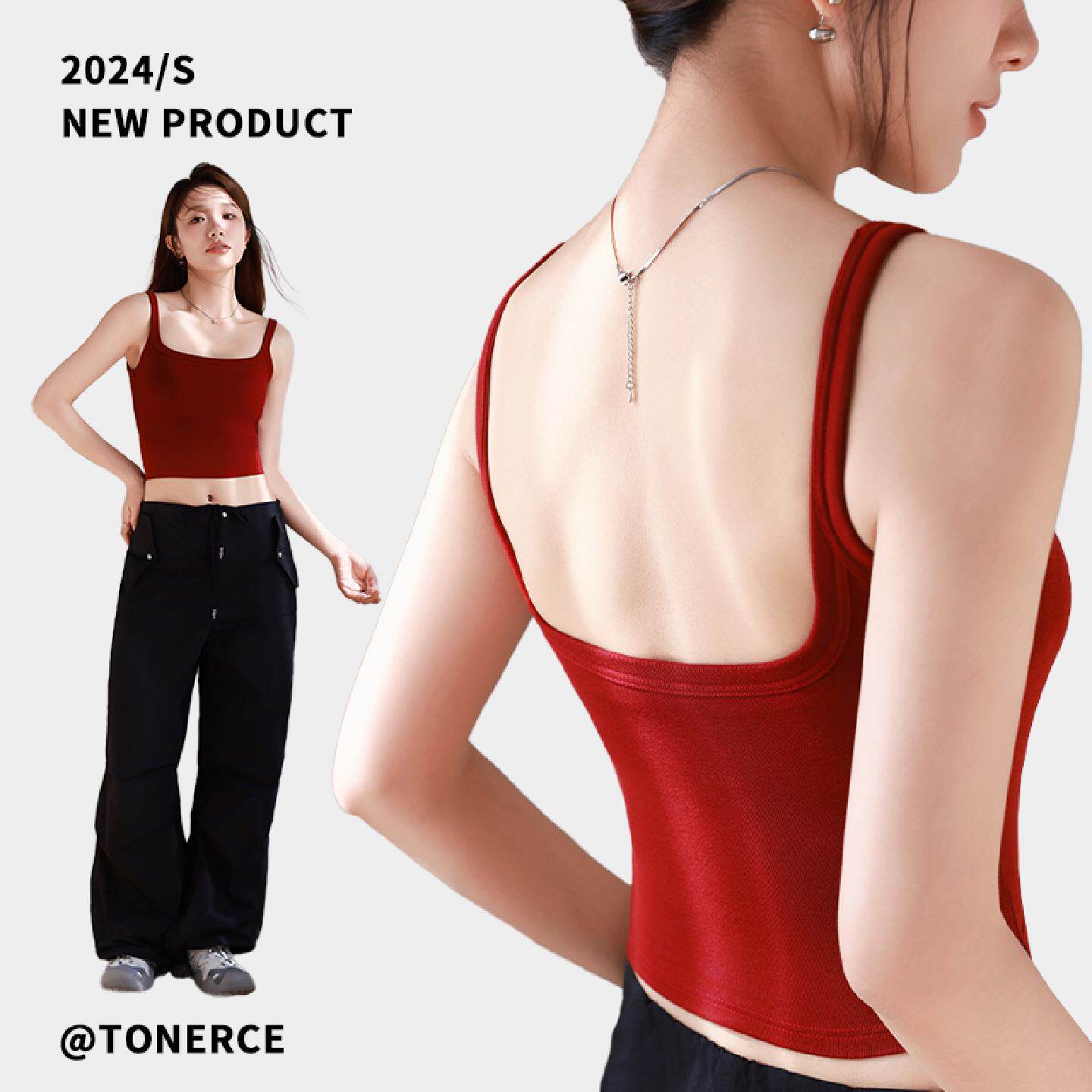 红色美背内衣吊带文胸一体夏季外穿带胸垫无袖背心内搭打底上衣女