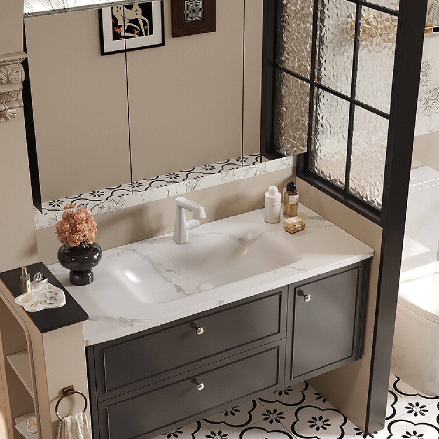 岩板热弯一体盆法式橡木浴室柜组合洗手台盆柜洗脸盆洗漱台可定制