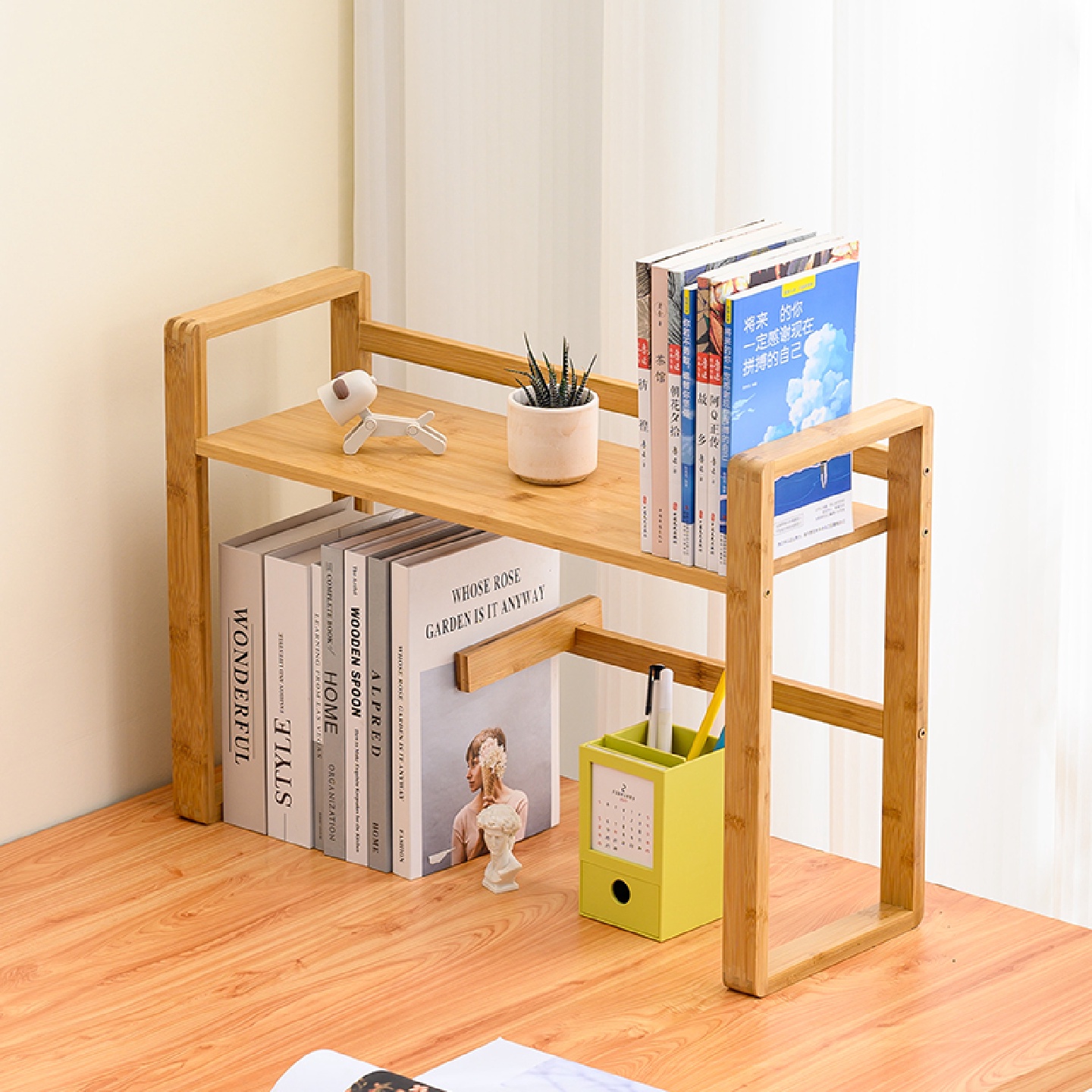 桌面书架收纳置物架二层简约实木宿舍可拆卸桌面立式书架学生书柜