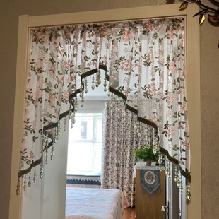 高定刺绣重工吊珠纱帘免打孔门帘金丝线刺绣氛围感半截拱形帘