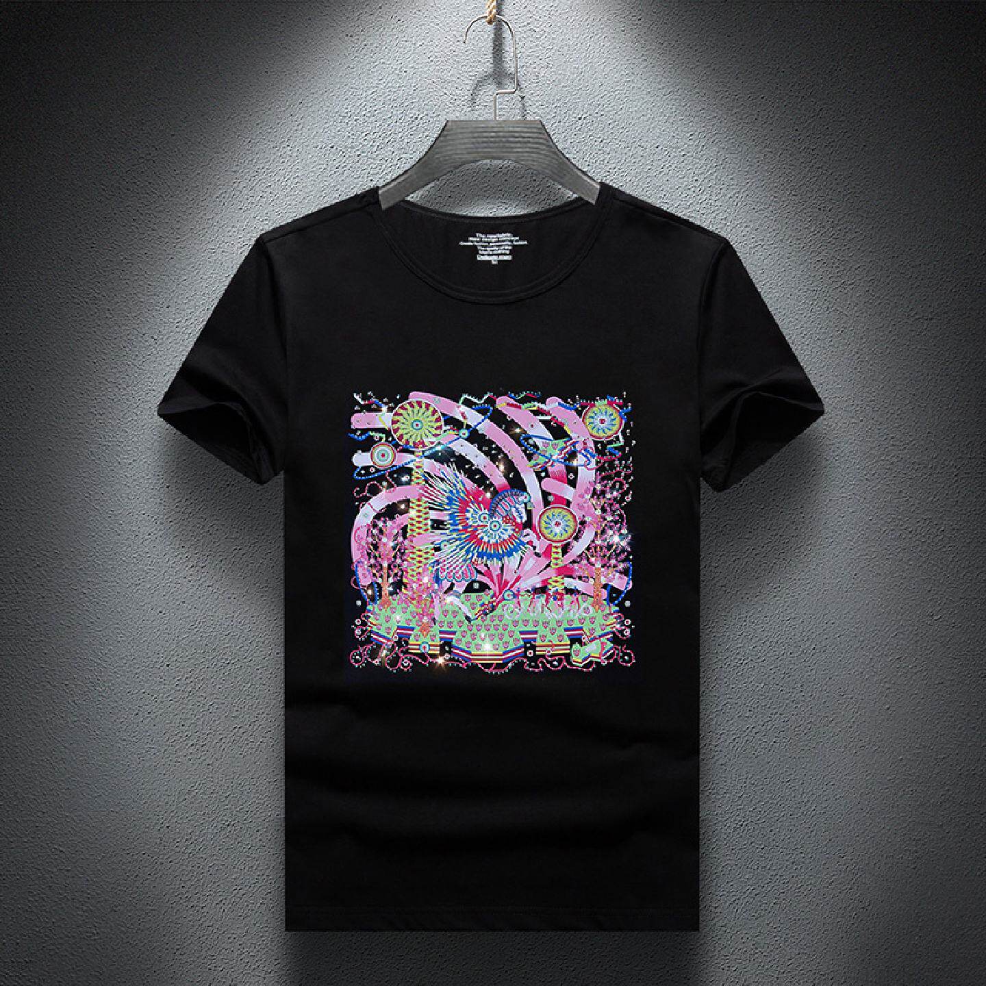 2026夏季男士时尚轻奢圆领短袖恤男印花烫钻修身透气男装潮