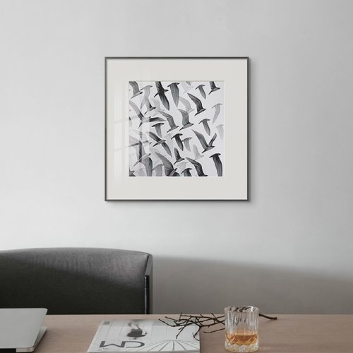 飞鸟 现代高级黑白抽象挂画组合酒店样板间装饰画方形客厅办公室