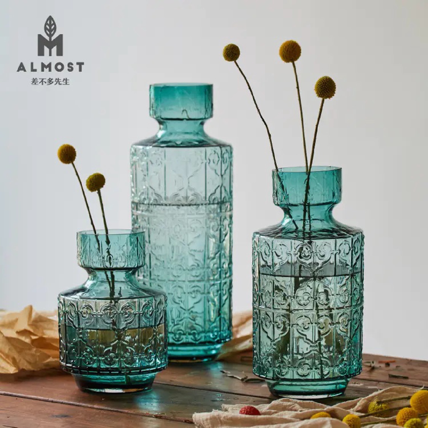 碧轩北欧创意浮雕玻璃花瓶摆件客厅落地插花花器家居玻璃工艺品