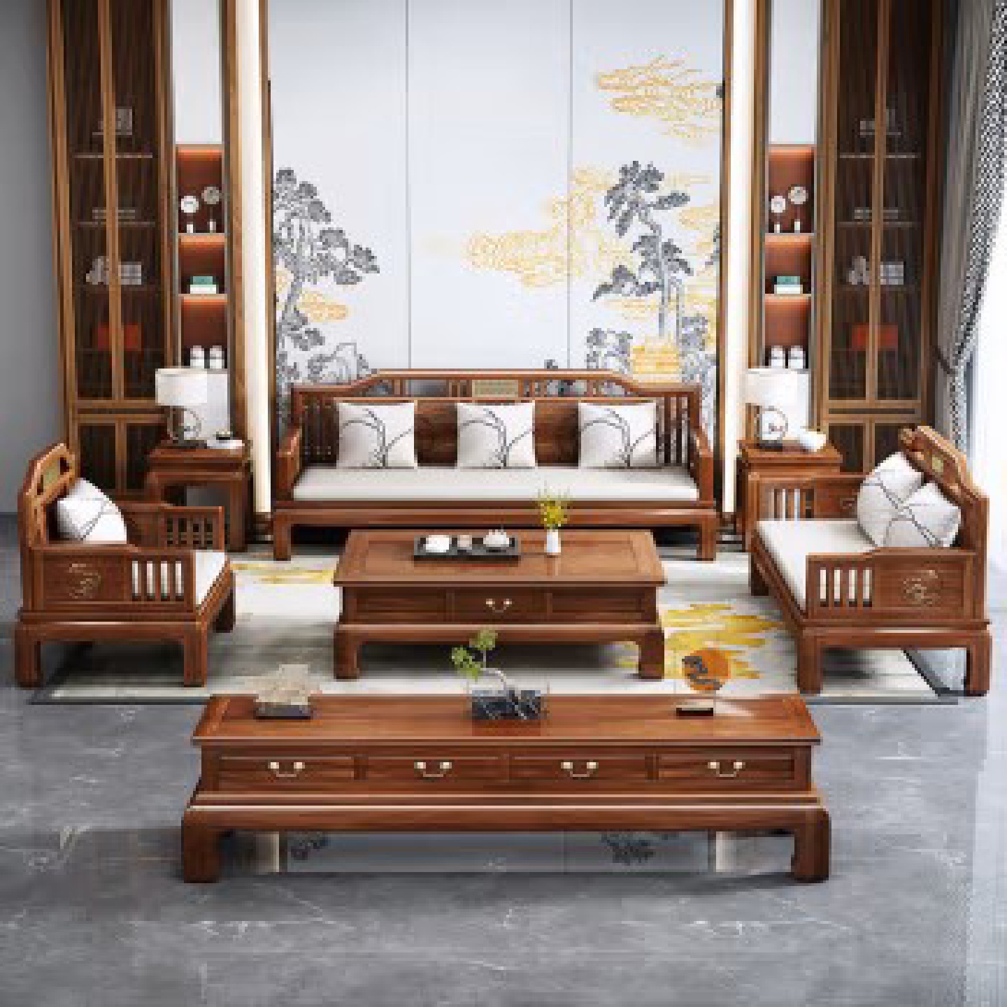 现代出租屋自建房古典家具客厅布艺沙发现货罗汉床贵妃组合实木家