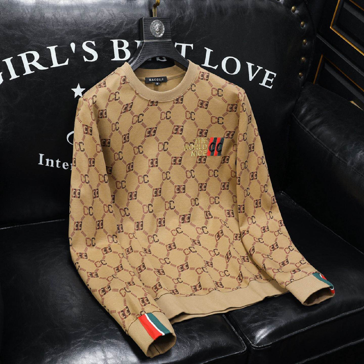 字母刺绣卫衣男春秋款大码圆领长袖体恤运动休闲打底衫上衣套头衫