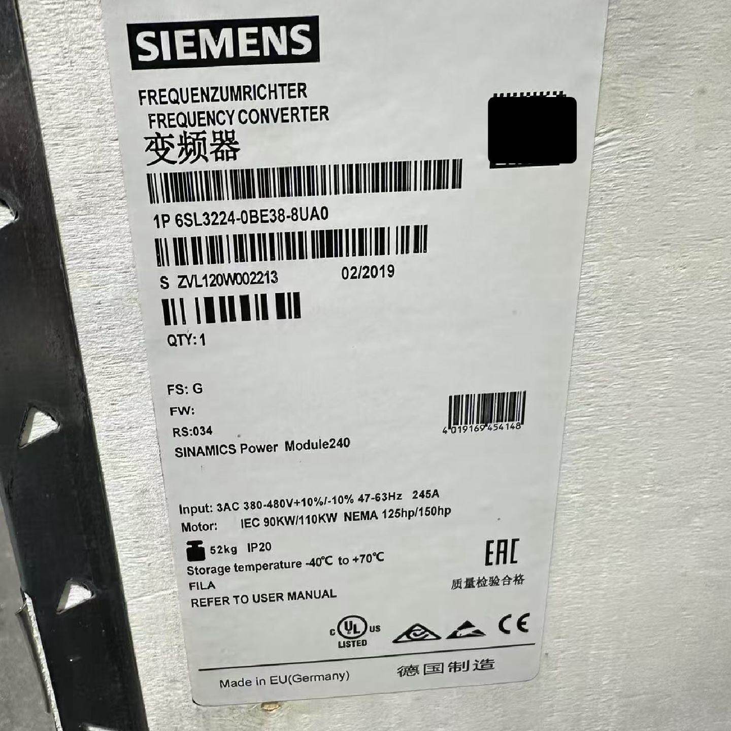 议价SIEMENS西门子变频器 型号： 6SL3224-0BE38-8UAO