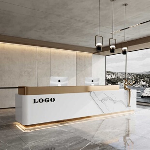 公司前台接待台大理石纹新中式酒店吧台烤漆店铺收银台服务台定制