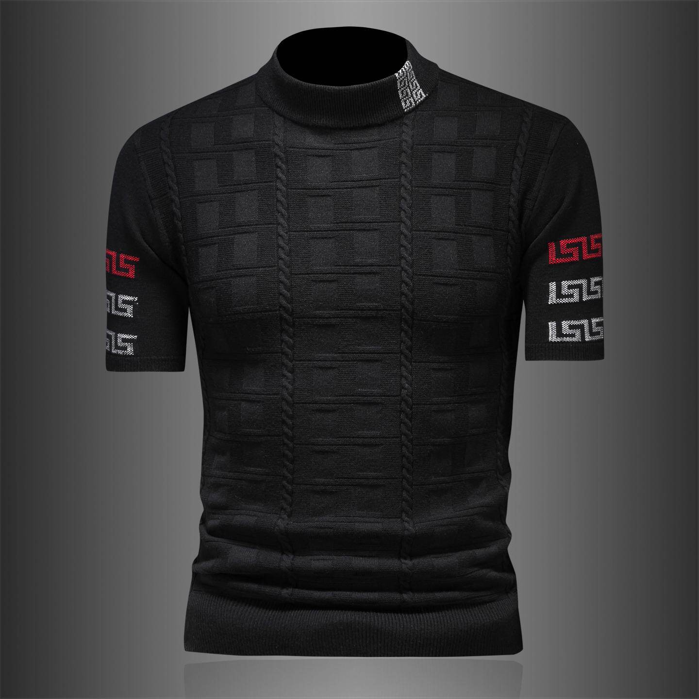 欧洲站提花短袖半高领毛衣男士秋冬季新款修身羊毛打底针织衫潮男