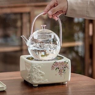 玻璃煮茶壶烧水泡茶壶家用提梁壶耐高温煮茶壶釉下手绘紫藤电陶炉