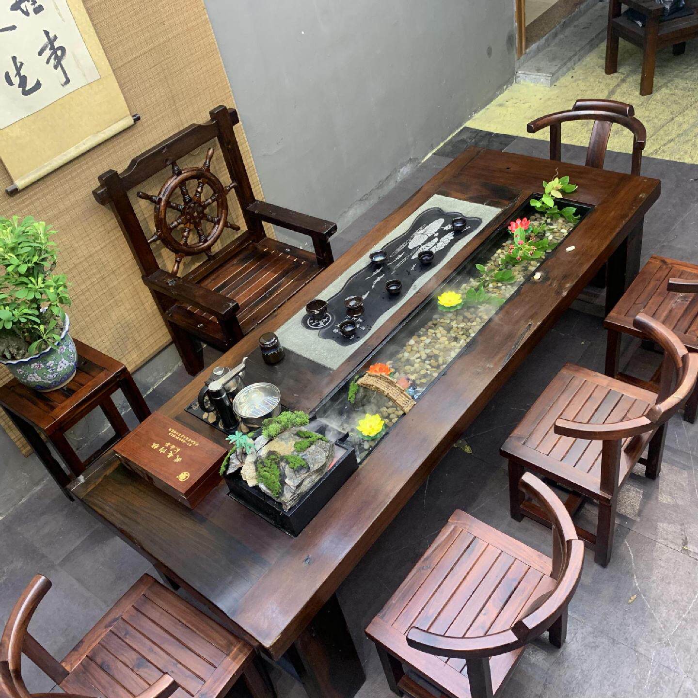 新中式大板茶桌老船木流水茶桌椅组合茶台办公室景观茶几客厅家用