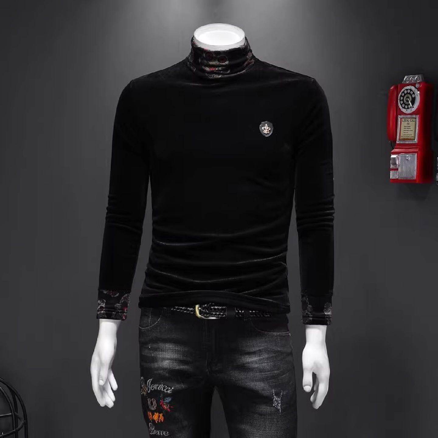 冬季金丝绒高领长袖恤男加绒加厚绣标打底衫保暖花色骷髅体恤潮潮