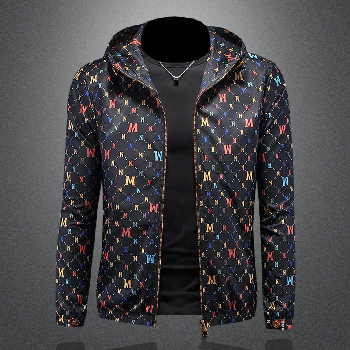 欧洲站潮牌连帽夹克男装春秋季新款轻奢休闲大码高端字母印花外套