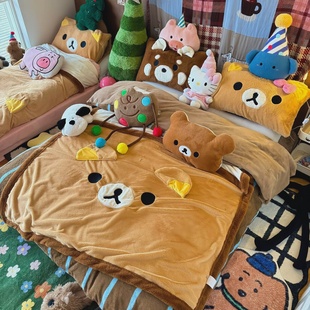 可爱小熊棕色卡通毛毯冬季 加厚午睡毯子办公室卧室盖毯休闲毛毯