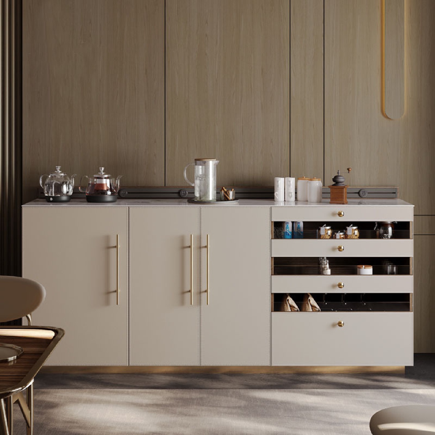 轻奢马鞍皮餐边柜一体现代客厅靠墙储物多功能岩板装饰高柜茶水柜