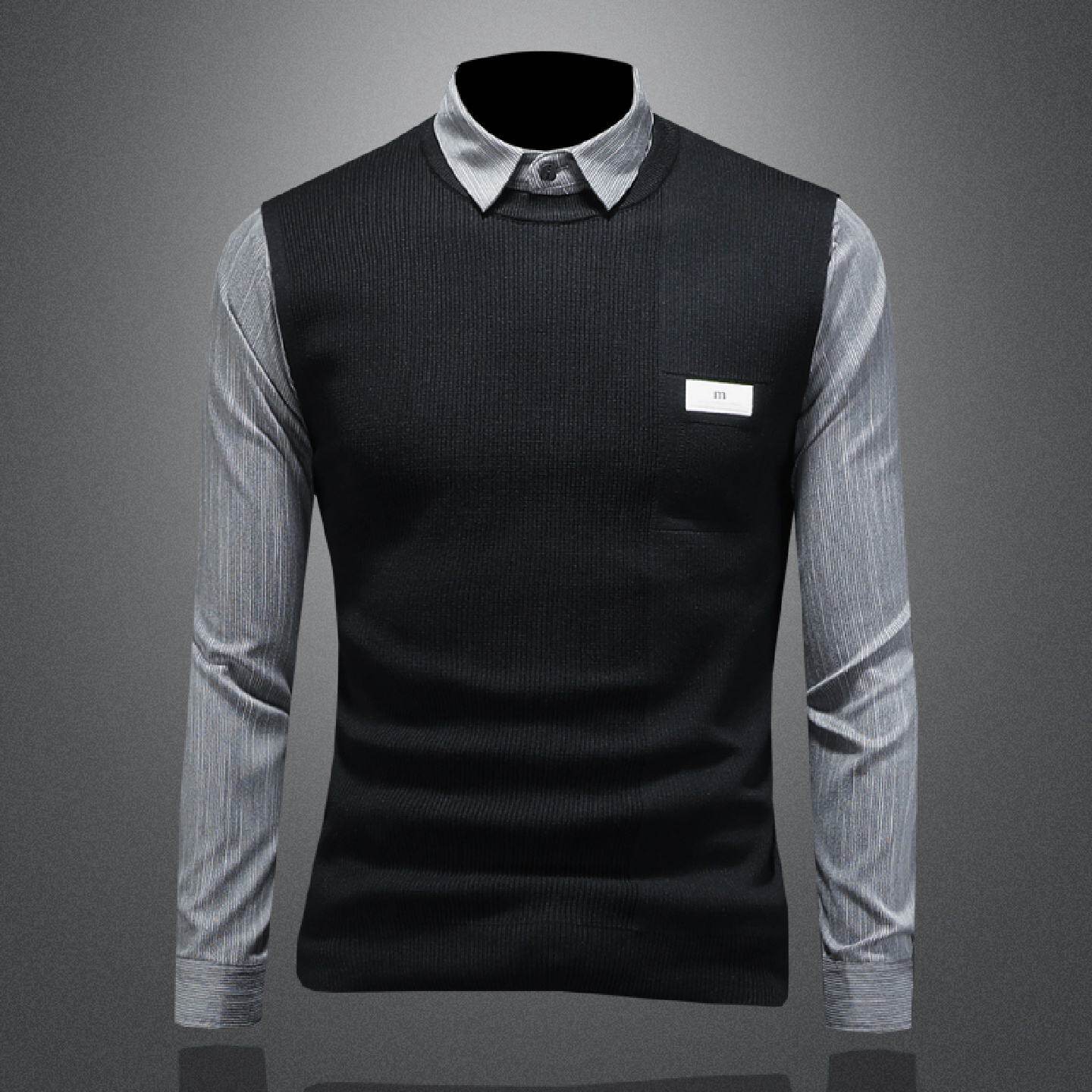 高端休闲衬衫男长袖年秋冬季新款纯色假两件针织套头打底衬衣潮男