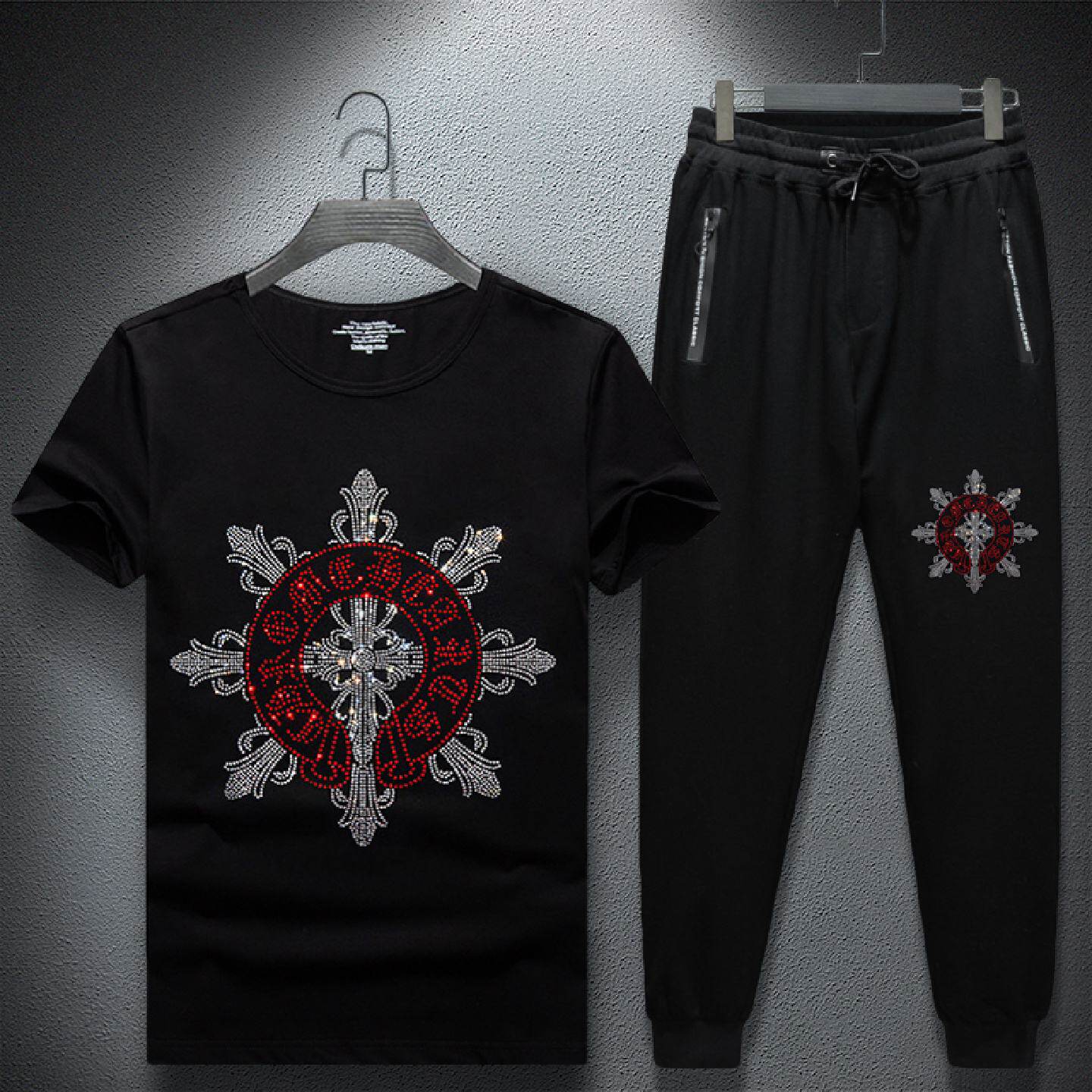 2026夏季男装套装男士短袖恤烫钻潮流休闲帅气裤子薄款新潮