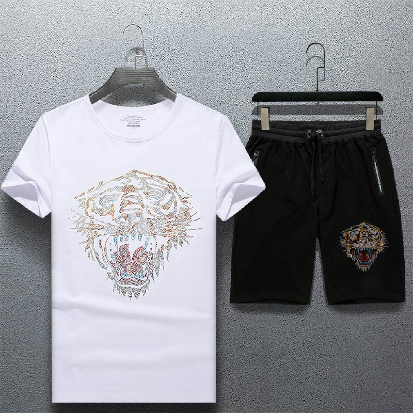 2026休闲男士套装运动烫钻短裤恤短裤潮流冰丝衣服潮牌新款夏季潮