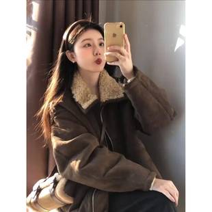 冬季 日系覆古宽松加绒保暖羊羔毛外套 麂皮加厚夹克棉服女2025新款