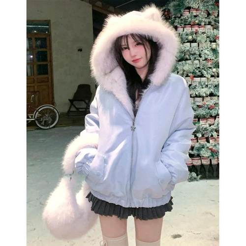 韩系甜美连帽保暖两穿毛毛短外套女秋冬新款宽松加厚毛绒保暖棉服