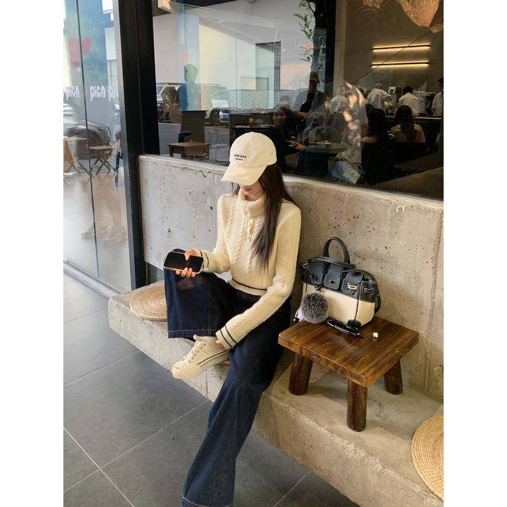 切糕自制【首尔通勤】小个子秋季女设计感撞色立领麻花百搭毛衣