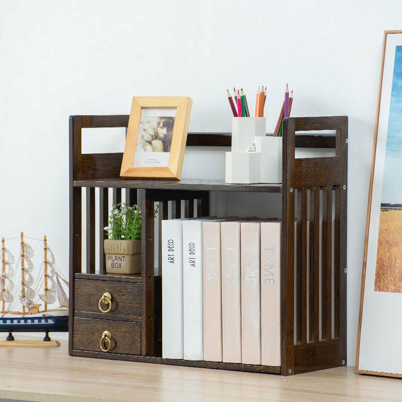 两层桌面带抽屉楠竹书架置物架实木简易办公二层桌上双层架收纳层