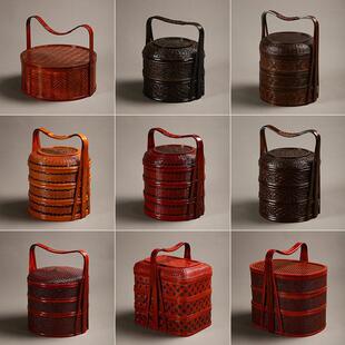 手工竹编提篮覆古食盒带盖子多层送餐篮户外手提盒野餐篮红色婚庆