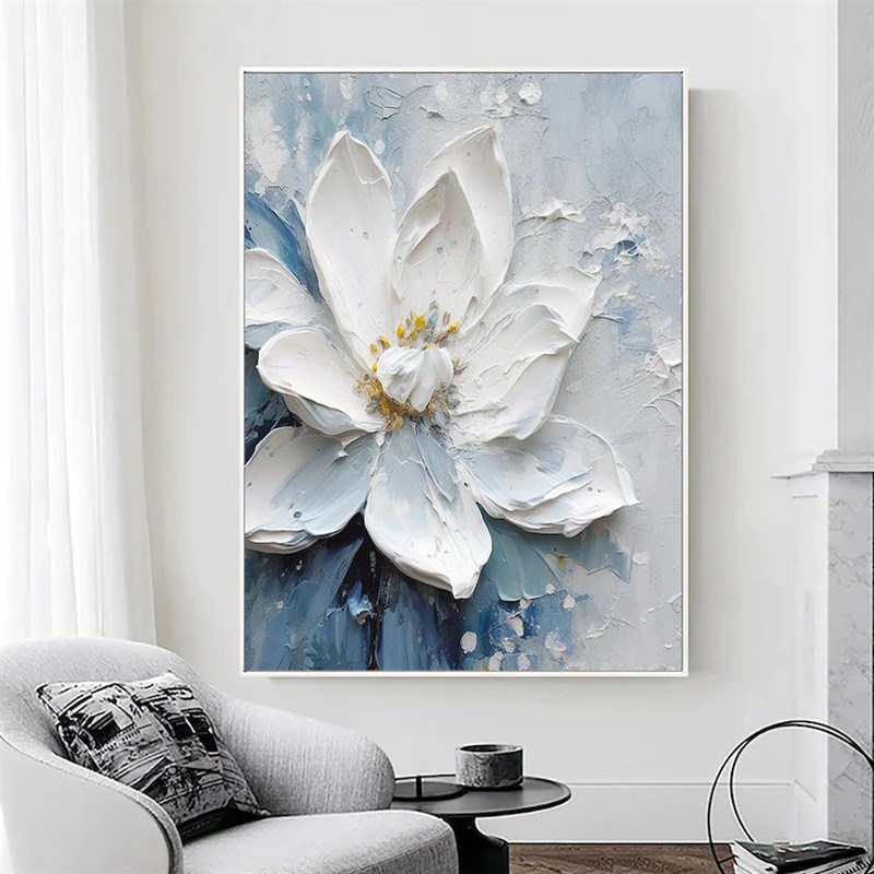 大芬村手绘油画抽象白色花卉肌理立体高级客厅装饰画玄关卧室挂画图片