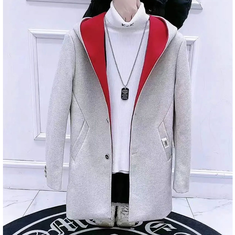 2023新款冬季外套男士风衣韩版潮流百搭网红连帽中长版毛呢大衣男