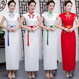 新款绣花礼仪旗袍长款青花瓷旗袍年会礼服礼仪迎宾A摆裙演出服装